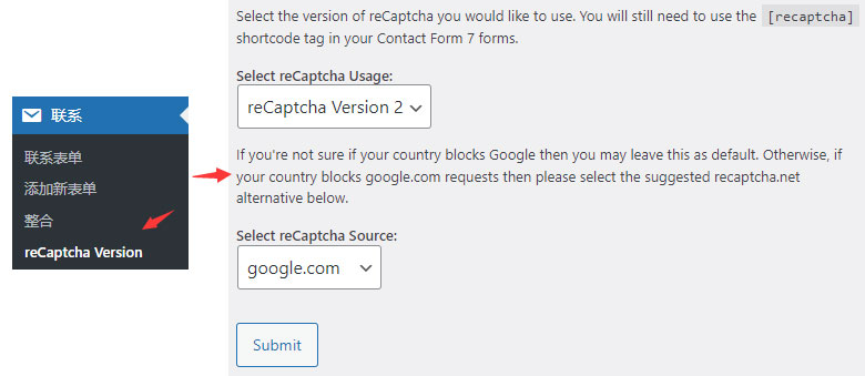 ReCaptcha v2 for Contact Form 7 插件设置