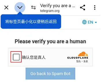 验证人类并点Go back to Spam Bot